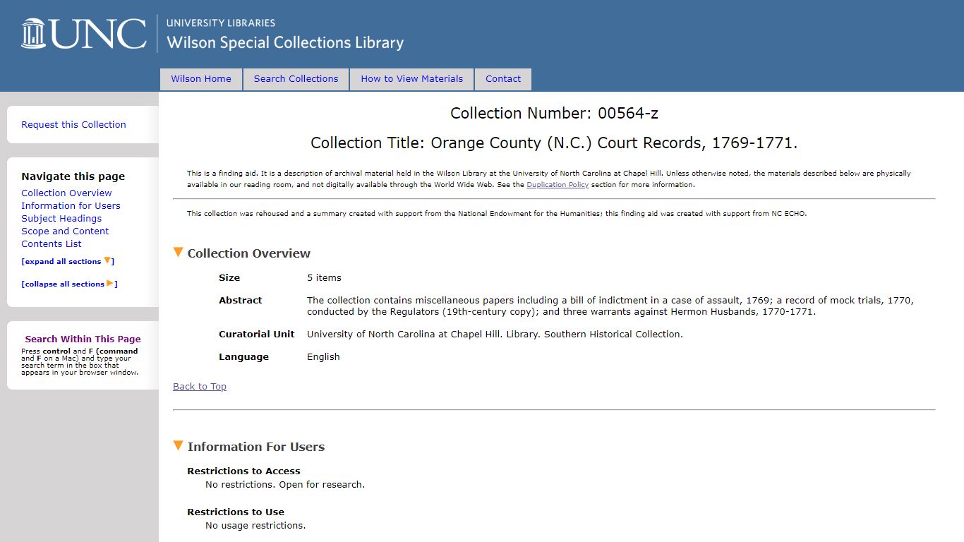 Orange County (N.C.) Court Records, 1769-1771. - University of North ...